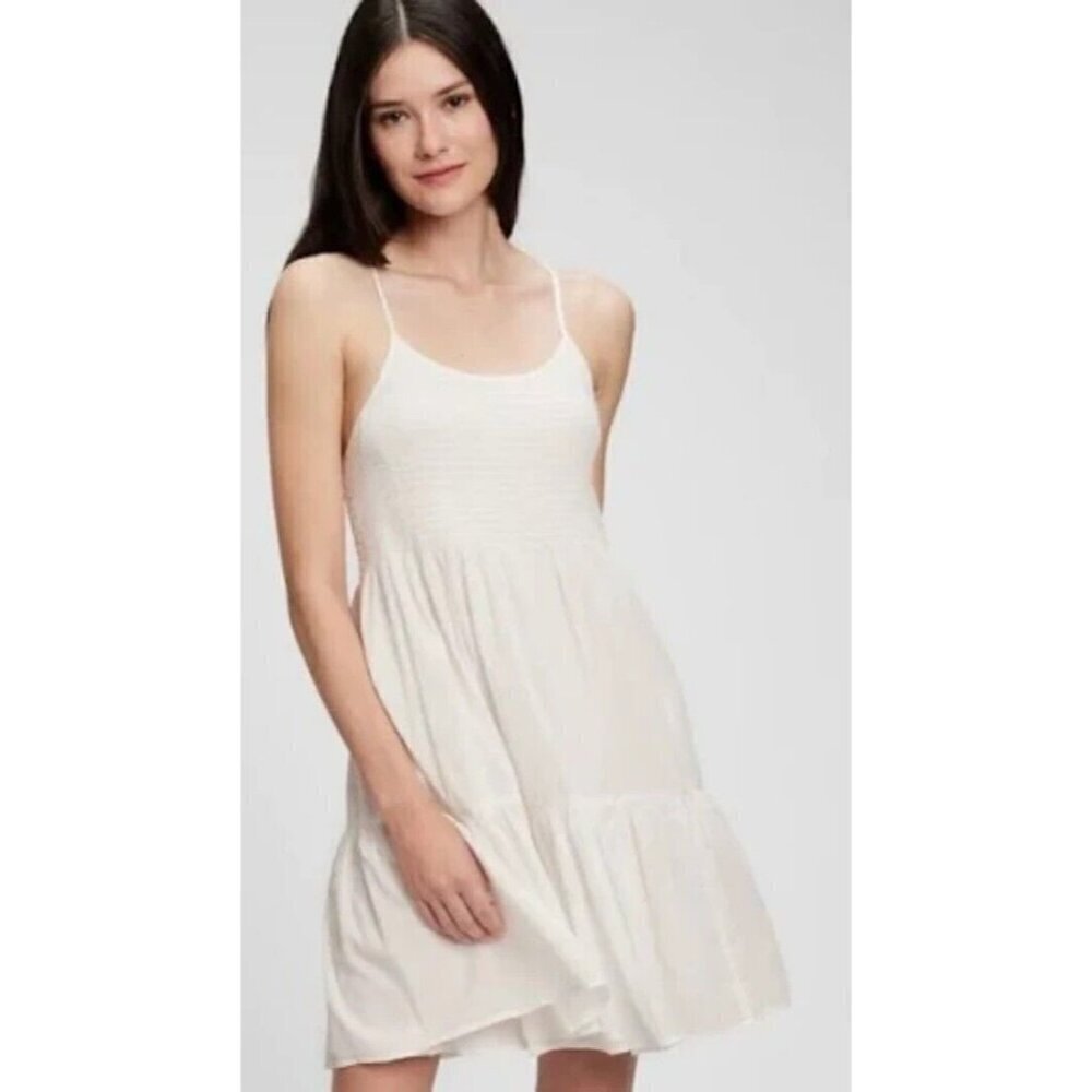 NEW GAP WHITE COTTON SMOCKED TIE BACK TIERED MINI DRESS SZ XL